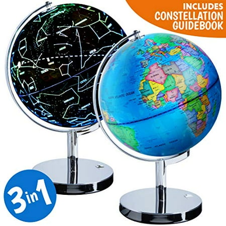 Rose Gold Anti-Fall Globe with Silver Plated Stand Globe for Kids 8 Inch Illuminated Led 3 in 1 Desktop Geographic Constellation Educational Discovery World Map Globes for School Child Adults